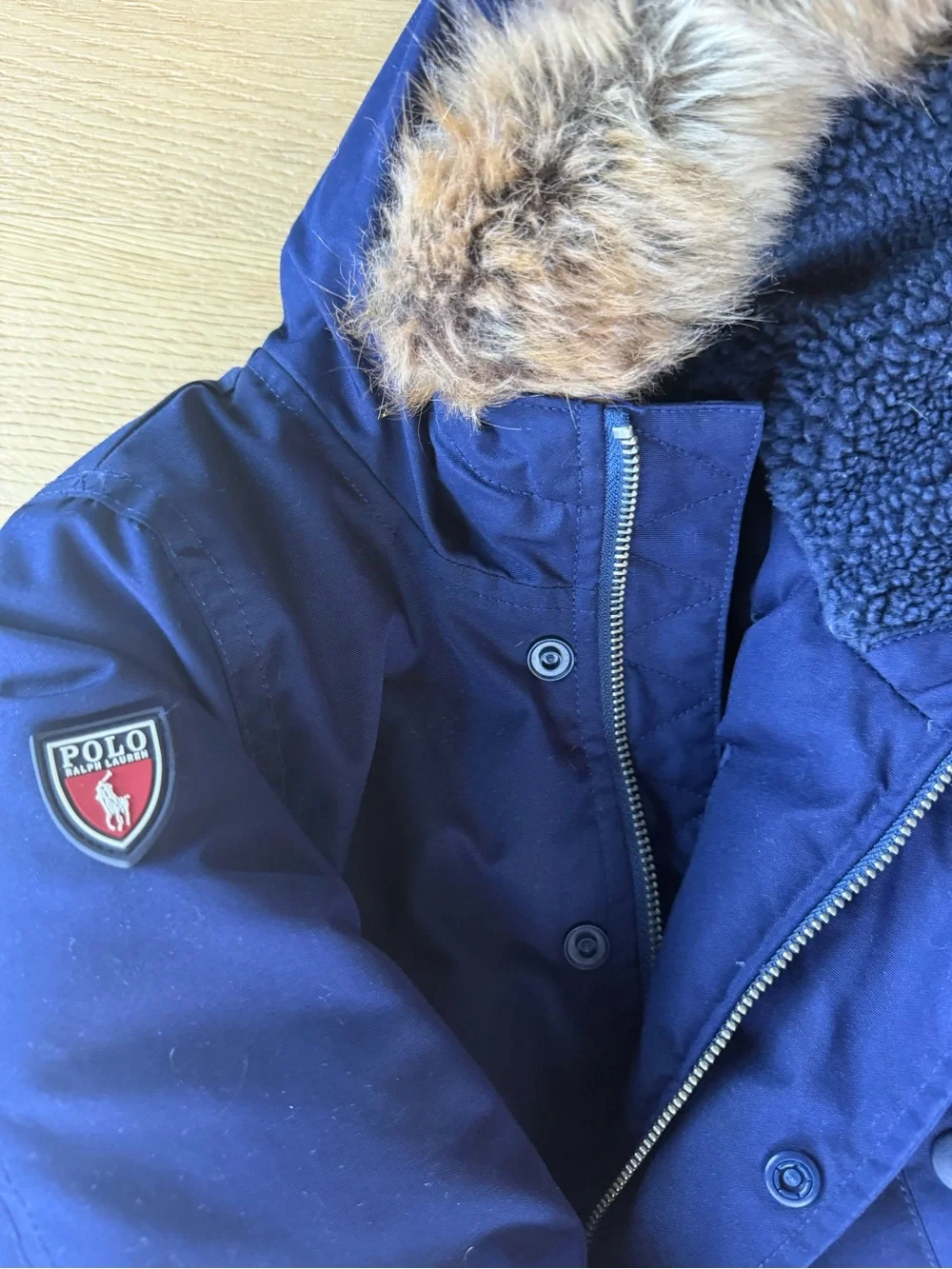 Polo by Ralph Lauren Navy Hooded Puffer Jacket with Faux Fur Trim